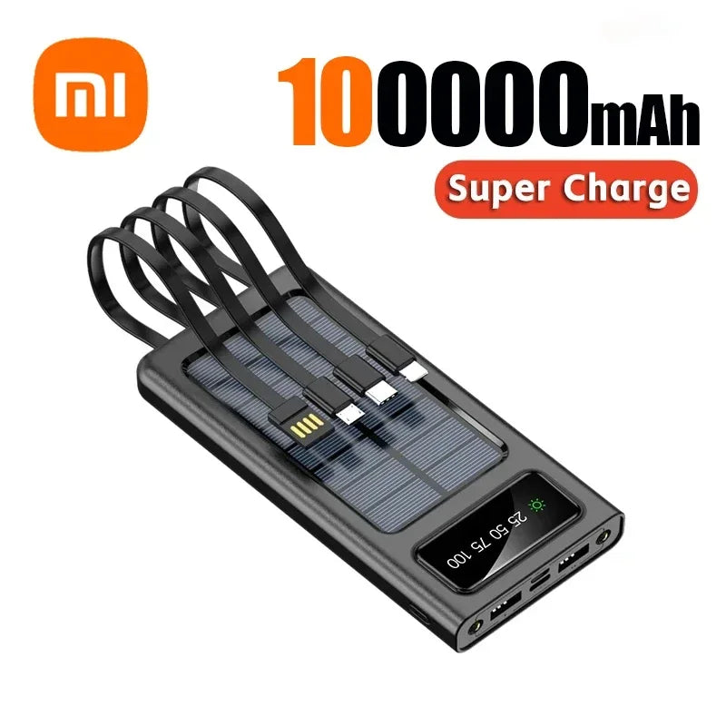 Xiaomi 200000mAh Solar Power Bank Built Cables Solar Charger 2 USB Ports External with LED Light Super Fast Charger Powerbank