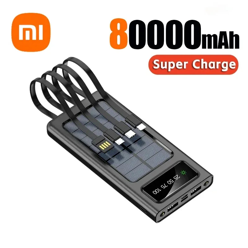 Xiaomi 200000mAh Solar Power Bank Built Cables Solar Charger 2 USB Ports External with LED Light Super Fast Charger Powerbank