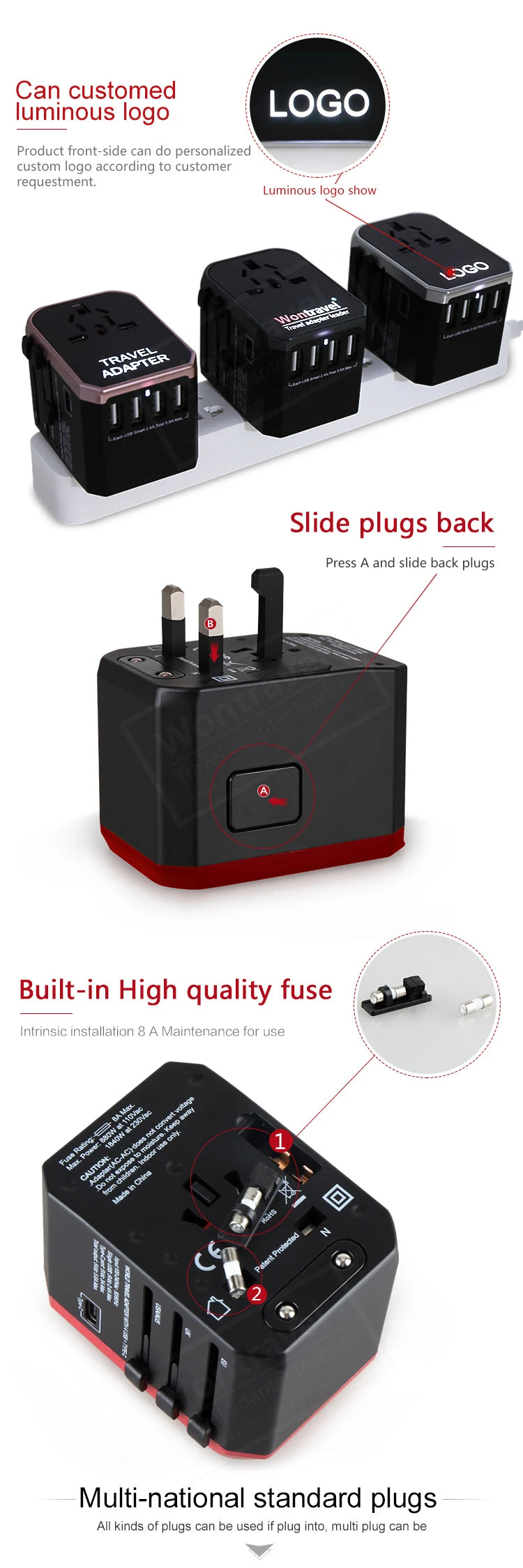 Melery Travel Smart Adapter International Plug Adaptor Wall USB Type C Charger AC Power US EU UK AU for iPhone iPad Android