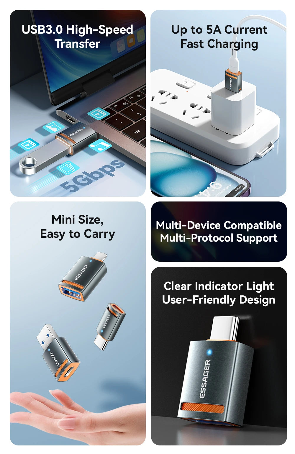 Essager USB3.0 OTG Adapter Type-C USB-A Micro Female to USB Micro iP Type-C Male Converter For Macbook Xiaomi iPhone OTG Adapter