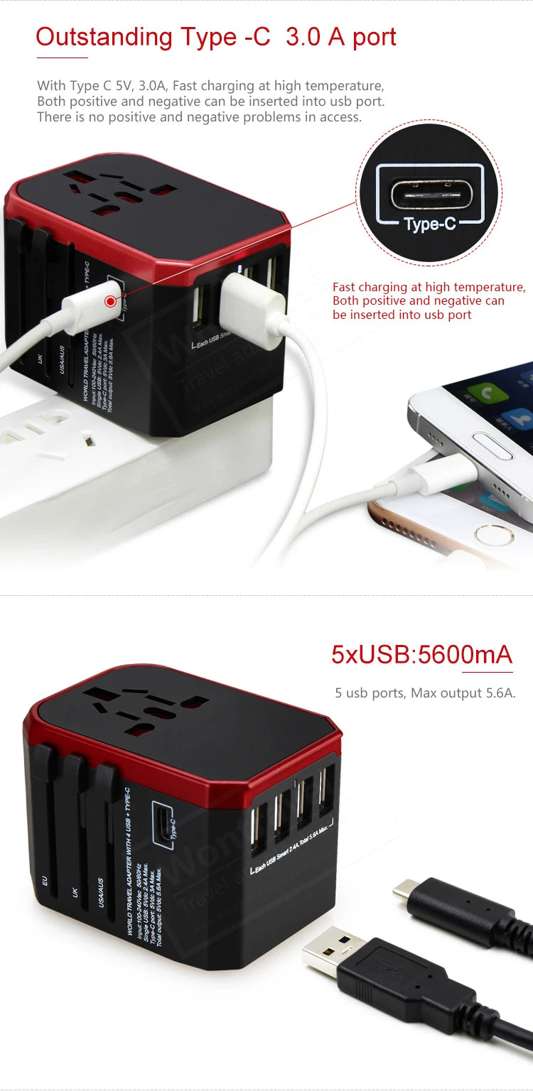 Melery Travel Smart Adapter International Plug Adaptor Wall USB Type C Charger AC Power US EU UK AU for iPhone iPad Android