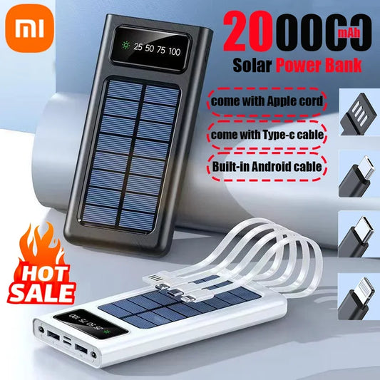 Xiaomi 200000mAh Solar Power Bank Built Cables Solar Charger 2 USB Ports External with LED Light Super Fast Charger Powerbank